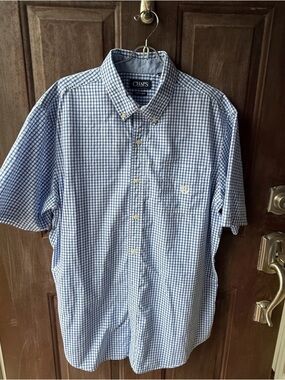 Chaps Men’s XL Gingham Light Blue & White Check Button-Down Shirt Work